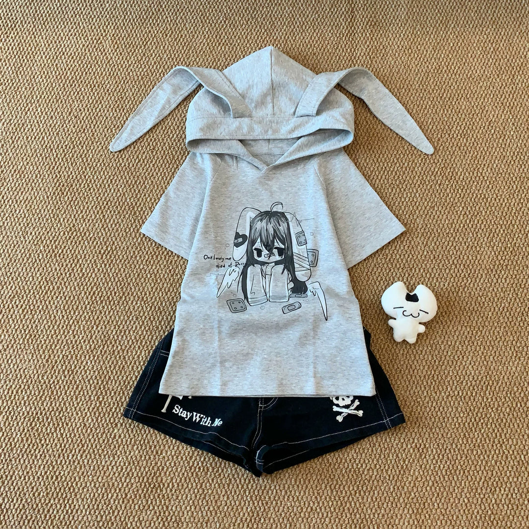 Kawaii Short Sleeve T-shirt, Bunny Ear Hooded Design 45642:856613