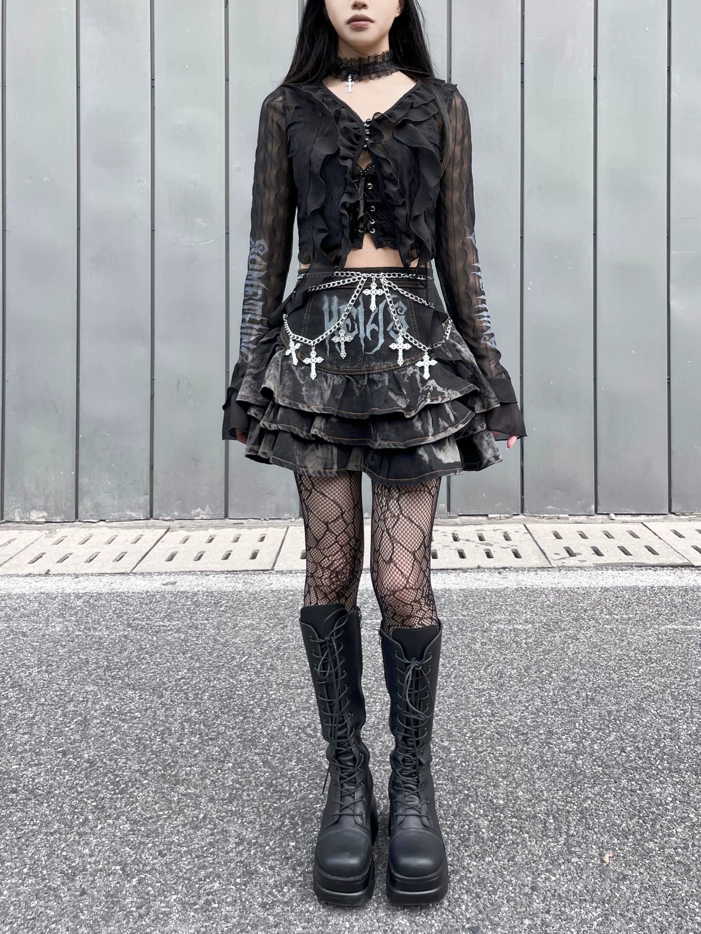 Gothic Puffy Skirt Subculture High Waist Denim Skirt 37472:560780