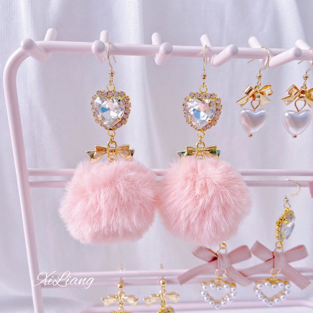 Jirai Kei Earrings Pink Heart Rhinestone Bow Ear Clips 33800:449870