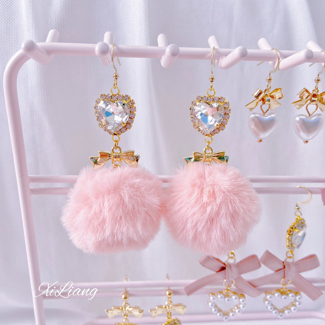 Jirai Kei Earrings Pink Heart Rhinestone Bow Ear Clips 33800:449870 33800:449870