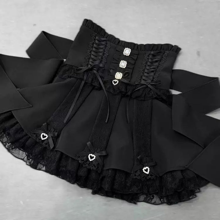 Jirai Kei High Waist Skirt, Lace Ruffle & Rhinestone 45843:865674