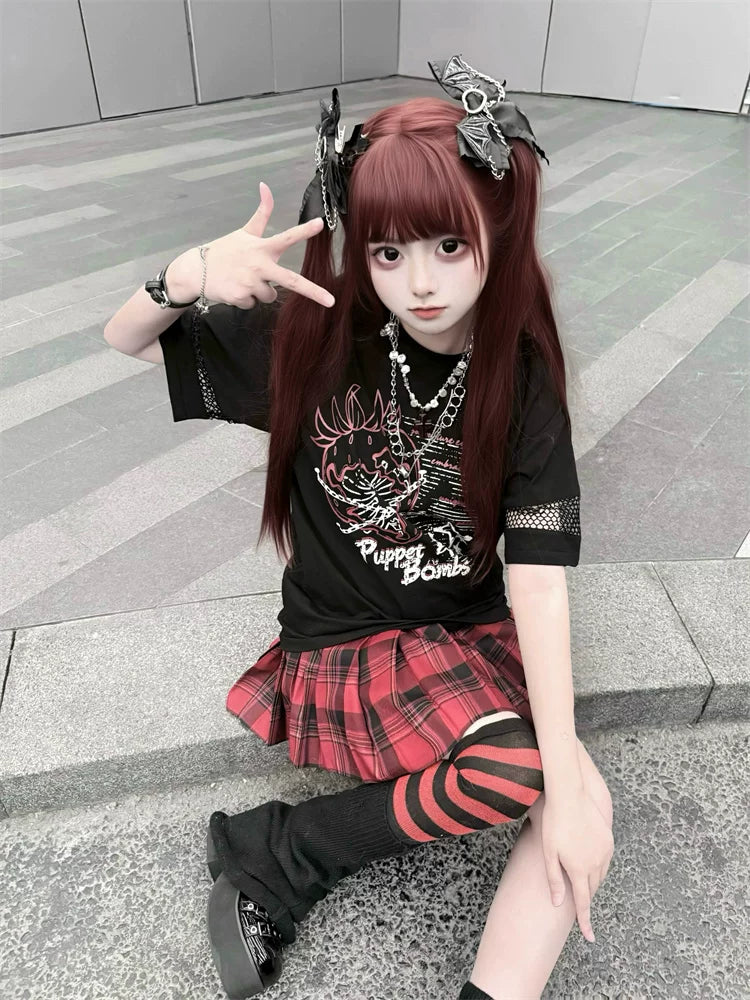 Punk Strawberry and Chain Print T-shirt, Red Plaid Skirt 45365:851959