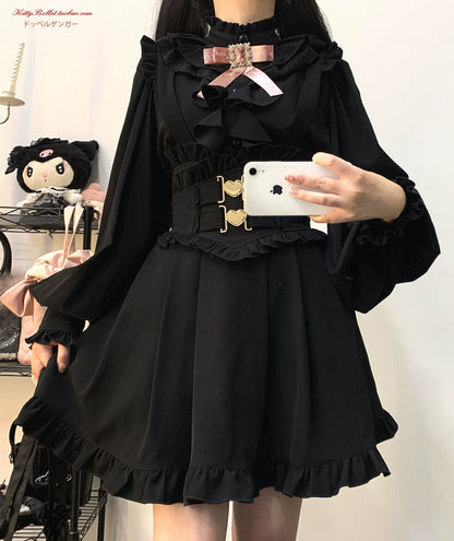 Jirai Kei White Black Blouse Ruffle Long Sleeve Shirt 31864:371788