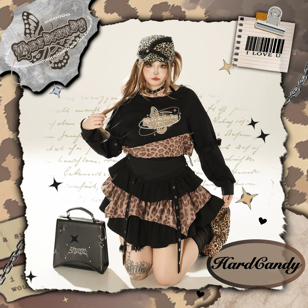 Plus Size Gyaru Outfit Set Leopard Plaid Skirt Set 39400:627858