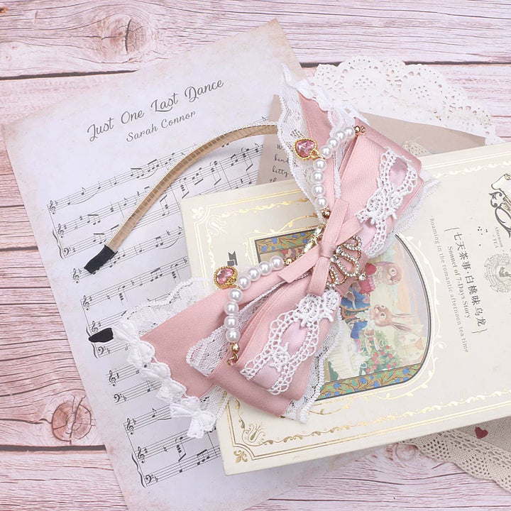 Jirai Kei Pearl-edged Headband, Crown & Heart Rhinestone 45073:833611
