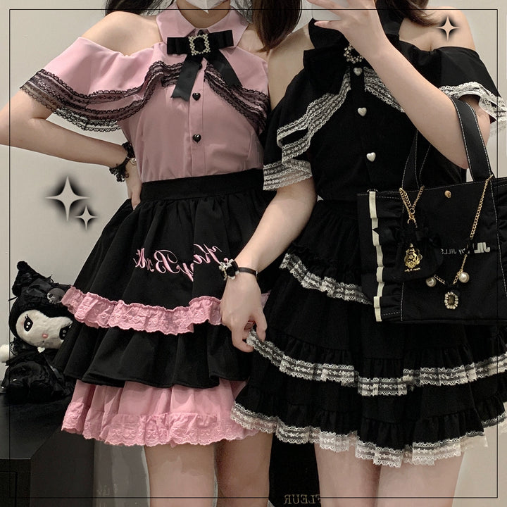 Jirai Kei Black And Pink Tiered Lace Skirt 21798:318504 21798:318504