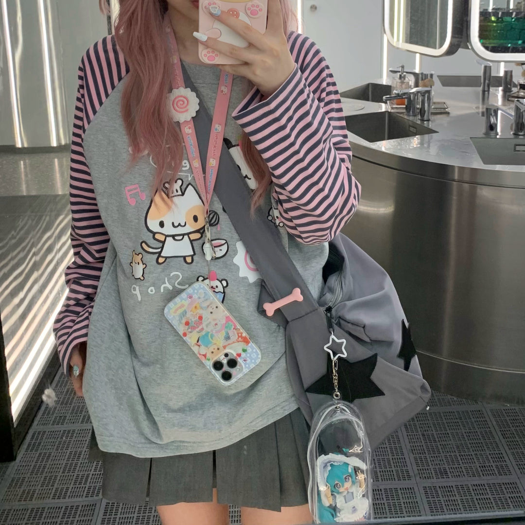 Kawaii Shirt Raglan Sleeve Striped Sweatshirt Subculture Top 39712:639166