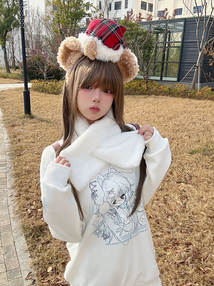 Tenshi Kaiwai Sweatshirt Fleece White Hoodie Plush Scarf 41570:704012