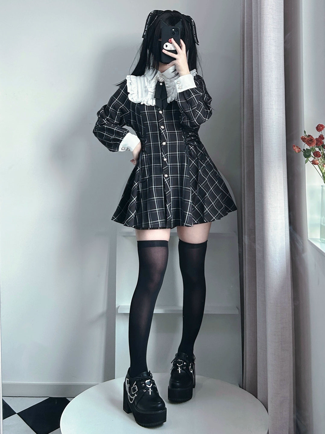 Jirai Kei Dress Set Long-sleeved Black Dress And Shorts 39532:628710