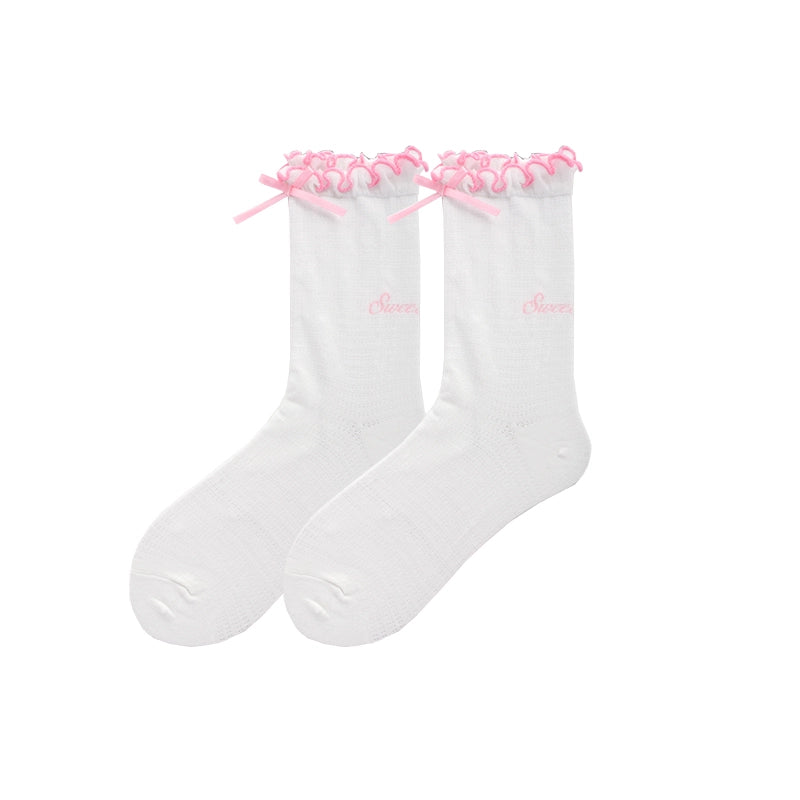 Lolita Socks Double Ruffle Trim Socks Bow Mid-Calf Socks 36566:610098