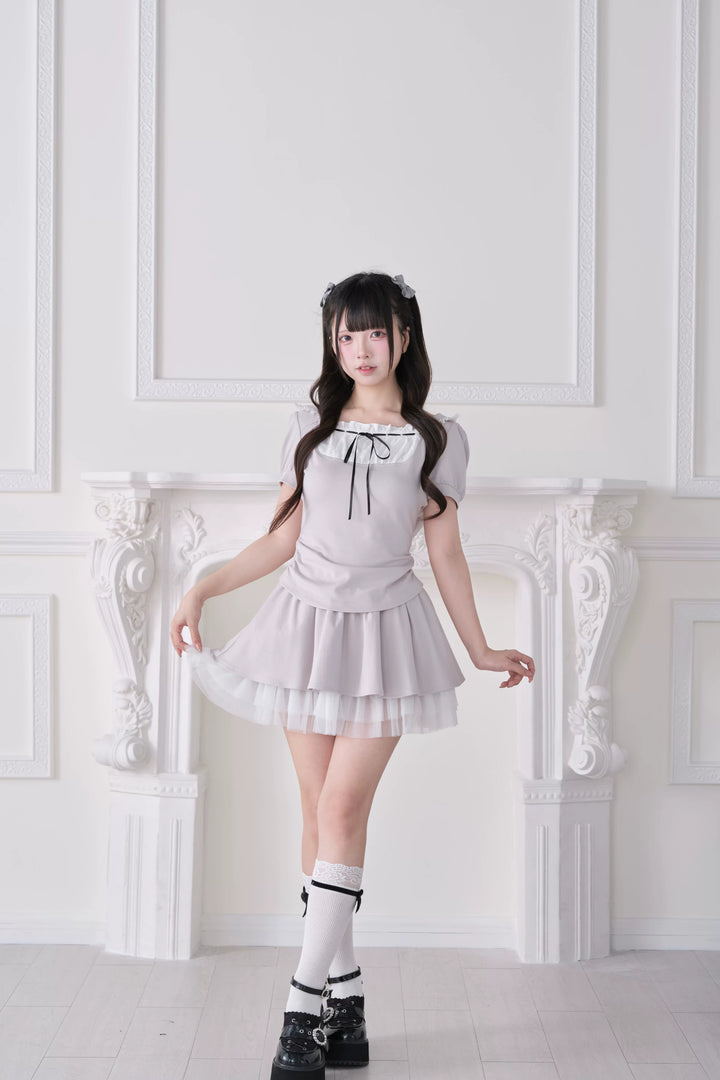 Jirai Kei Hoodie Top & Skirt Set, Tulle Hem 44941:829952