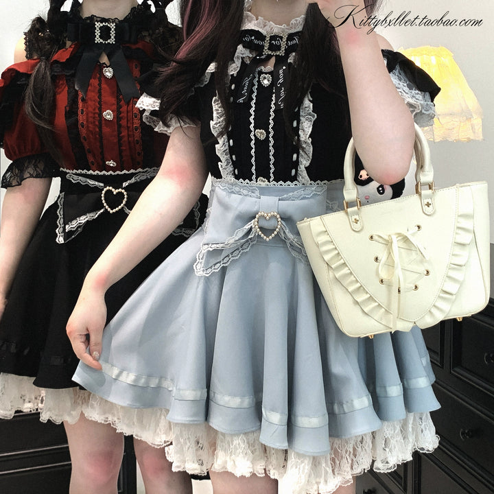 Lace Open Shoulder Jirai Kei Blouse, Heart Rhinestone 43692:783127