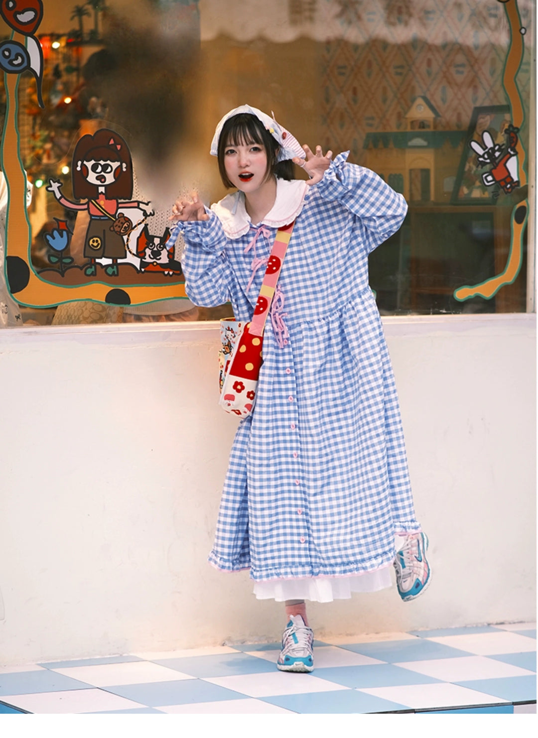 Oversized Mory Kei Dress Plaid Long Sleeve Dress Sweet Dress 36168:517318 36168:517318