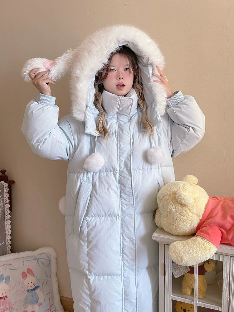 Kawaii Winter Coat Rabbit Ear Hooded Long Down Jacket 40340:665540