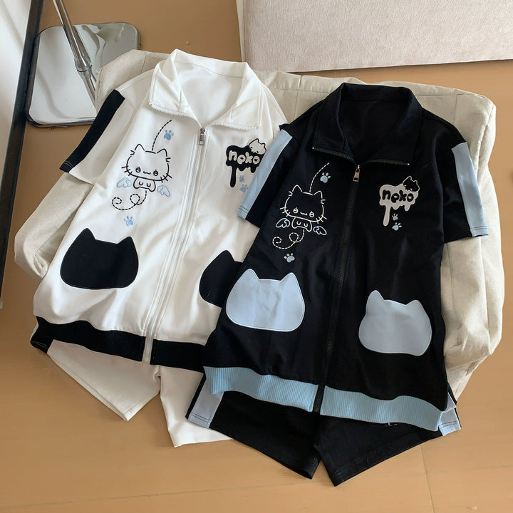 Cat Printed Kawaii Outfit, Zip Up Sweatshirt + Pocketed Shorts 43561:779954