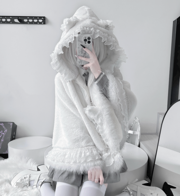 Jirai Kei Winter Coat Fleece Hoodie Cape Coat With Cat Ears 41412:696344