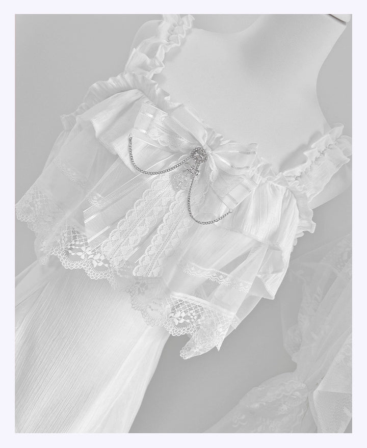 Solid White Jirai Kei Dress With Bust Sheer Overlay 43299:772979