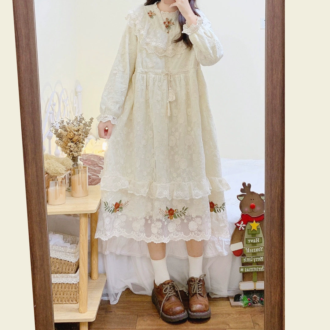 Mori Kei Dress Embroidered Lace Long Sleeve Apricot Dress 39438:640622