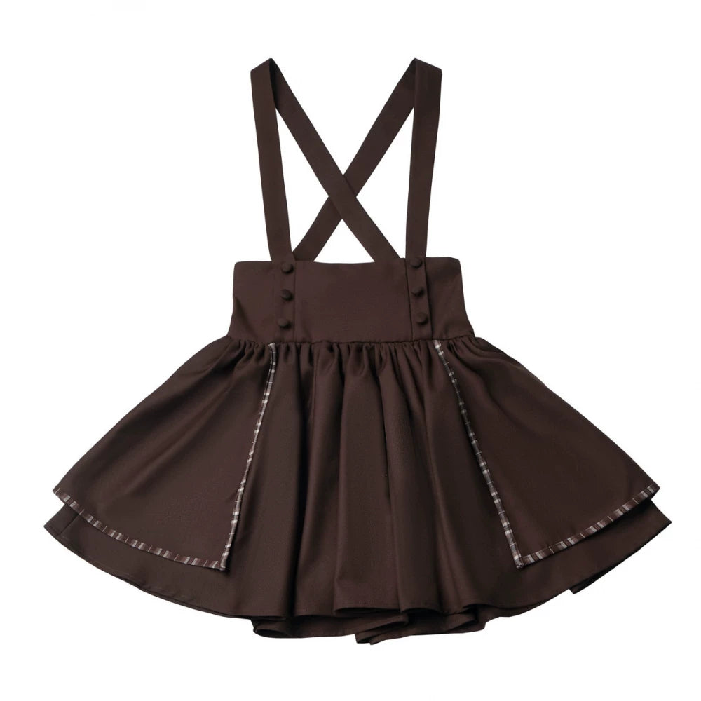 Academia Bubble Sleeve Blouse, Elastic Waist Suspender Skirt (L M S) 45875:866365
