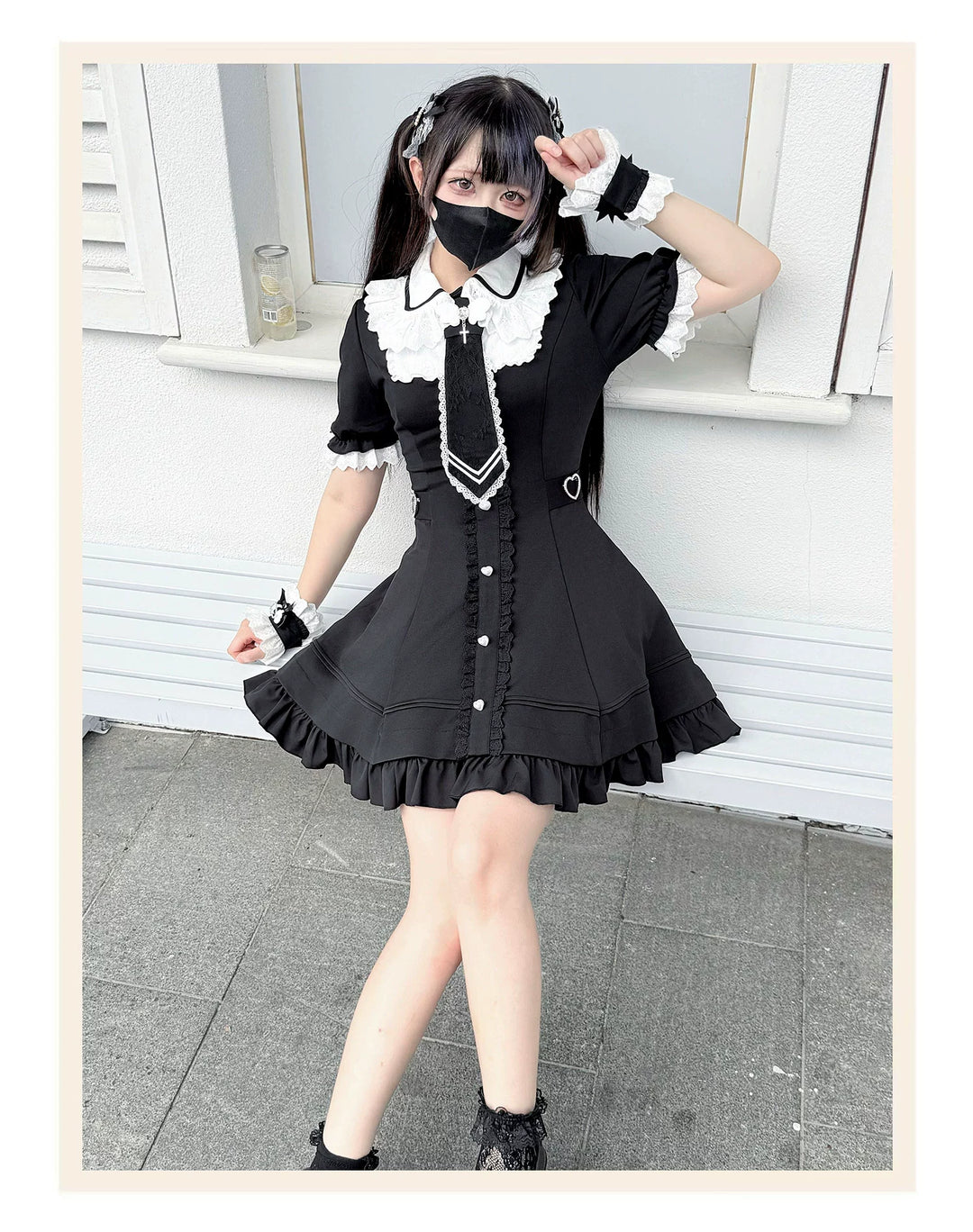 Black and White Jirai Kei Dress, Back Lace-Up 43613:781070