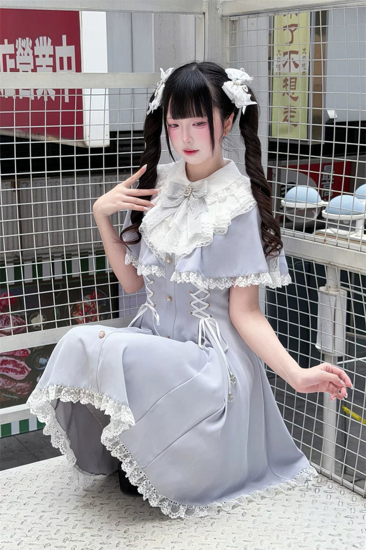 Ryousangata Cape Layered Dress, White & Blue 45573:853438