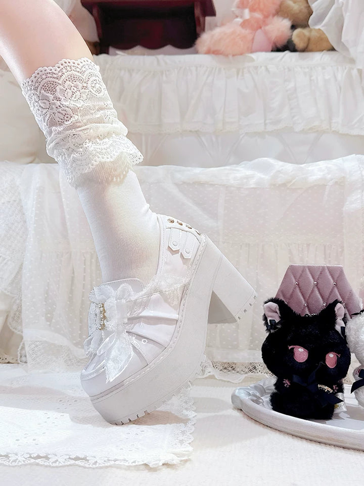 Black/White Jirai Kei Platform High Heel Shoes, Lace Bow 45952:872988
