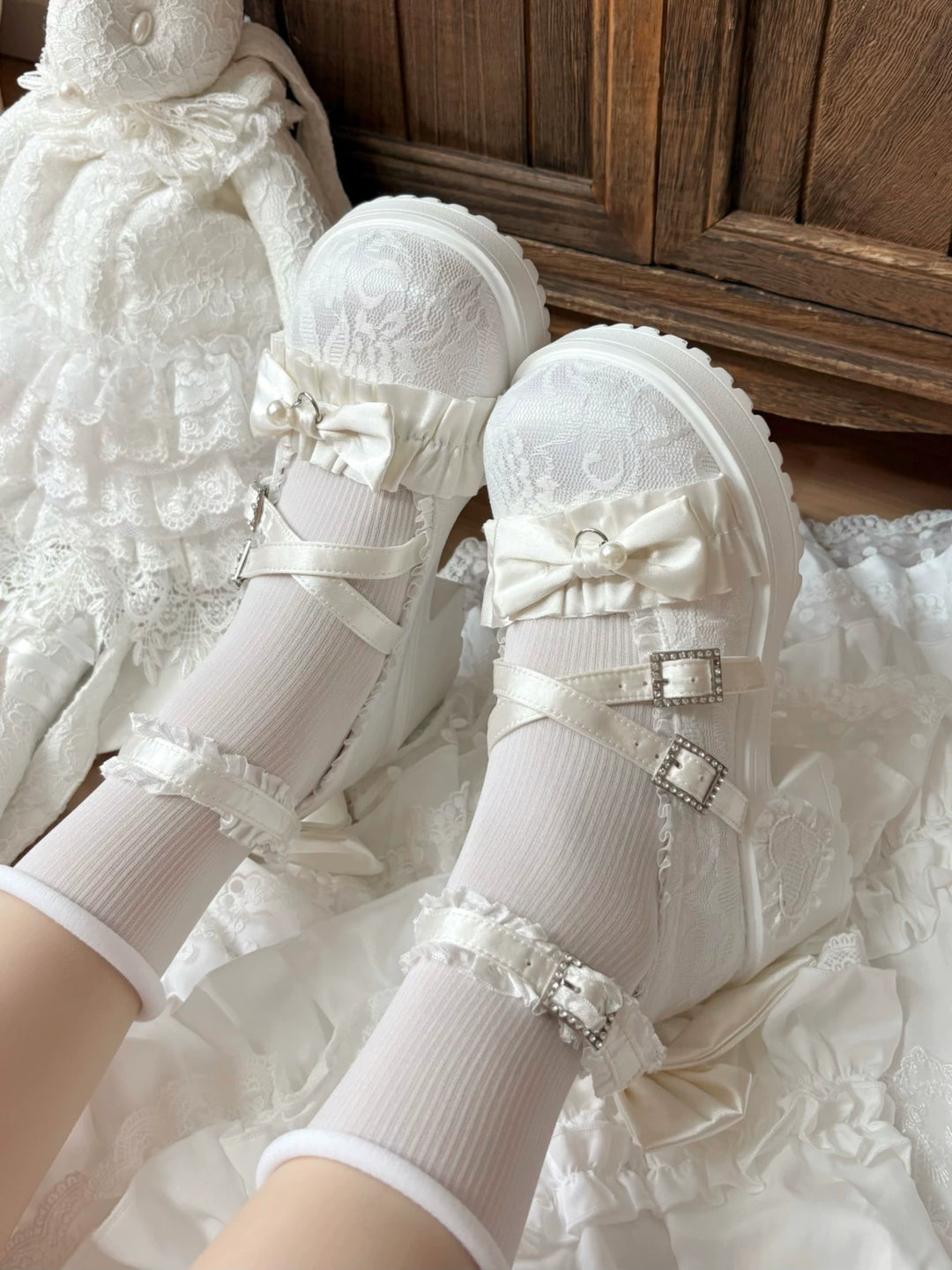 Classic Lolita Mary Jane Shoes, Lace Tulle & Ribbon Bow 46012:873439
