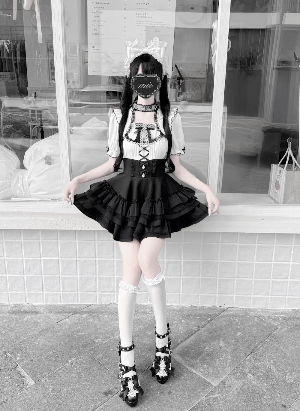 Jirai Kei Heart Lace Collar Blouse, High-waisted Tiered Skirt 45726:862552
