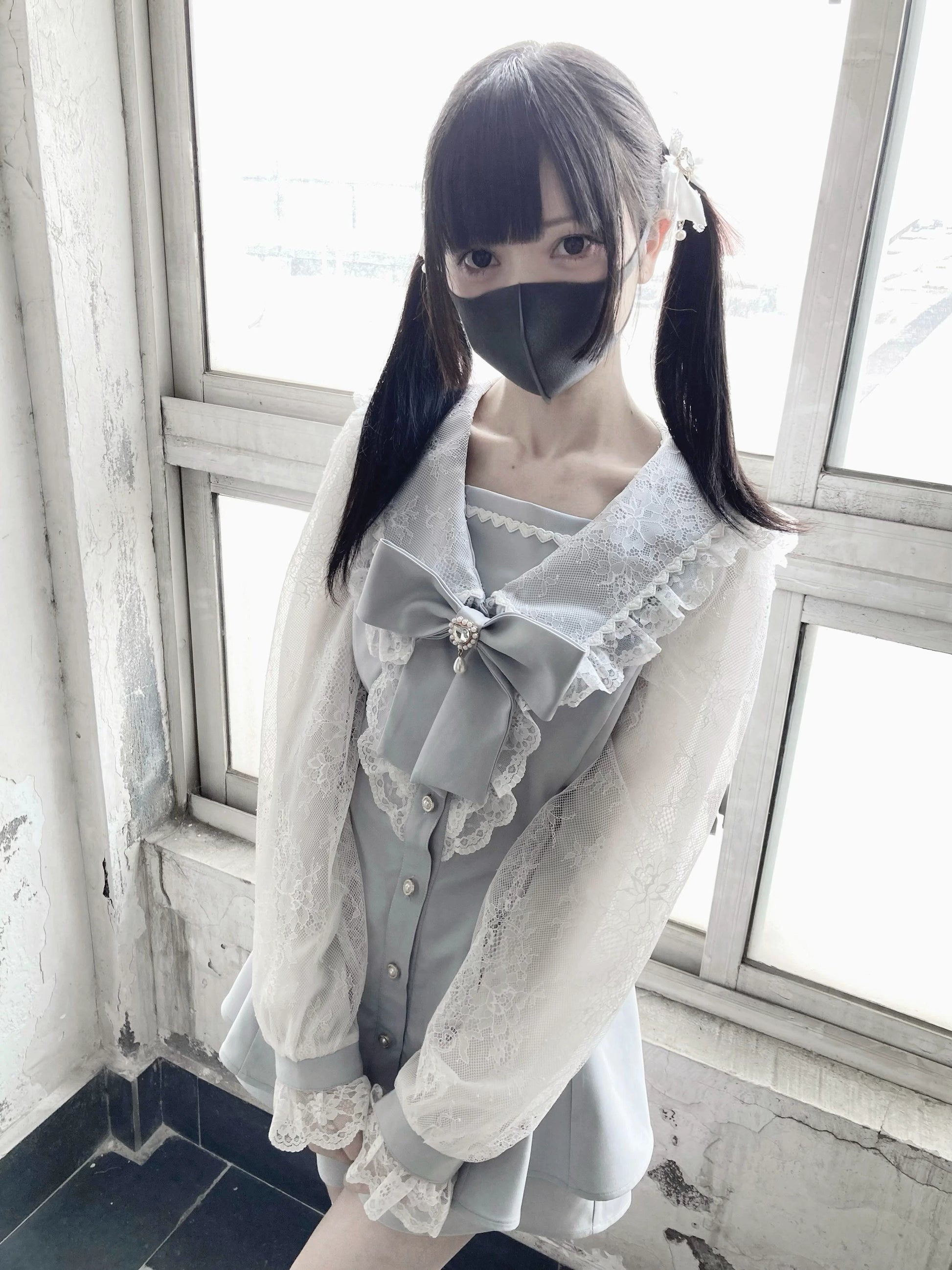 Jirai Kei Set Up Lace Sailor Collar Dress Gray Blue Dress 37638:566966