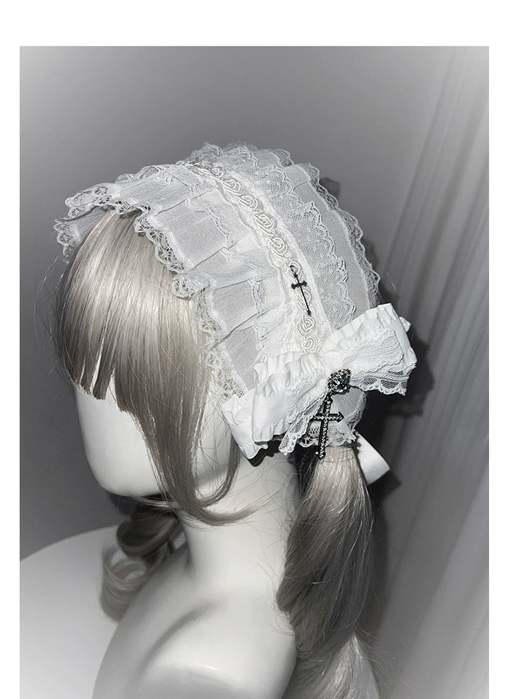 Black / White Jirai Kei Long Dress, Detachable Bow, Cross Detail (L M S) 43510:778753