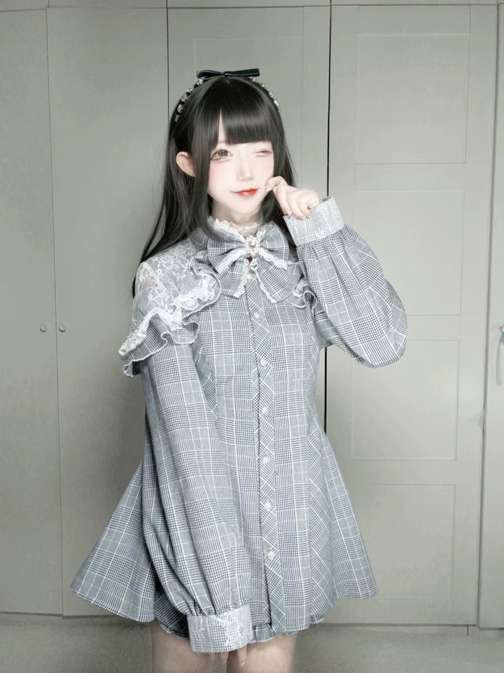 Jirai Kei Dress Set Gray Plaid Long-sleeved Dress And Shorts 41568:704944