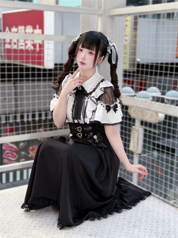Summer Jirai Kei Lace Blouse, High Waist Skirt 45363:847711