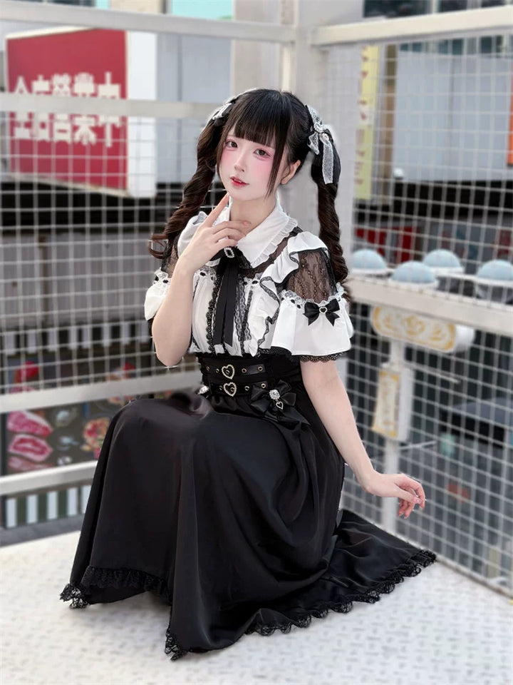Summer Jirai Kei Lace Blouse, High Waist Skirt 45363:847711