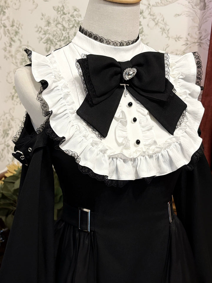 Gothic Open Shoulder Dress, Detachable Collar Bow 43655:782383