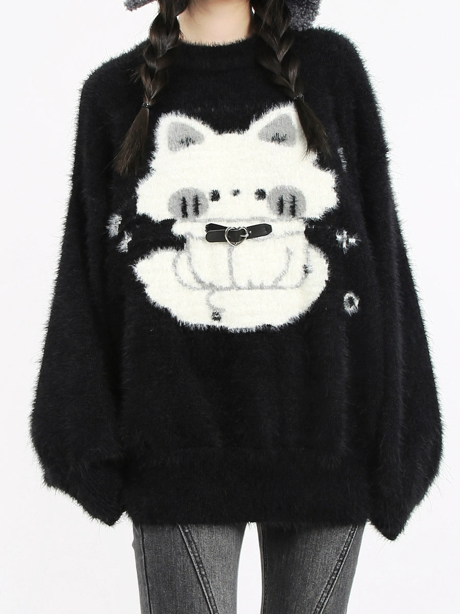 Kawaii Black Sweater Fluffy Voluminous Thickening Sweater 22752:326886