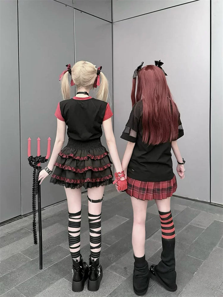 Punk Strawberry and Chain Print T-shirt, Red Plaid Skirt 45365:851382