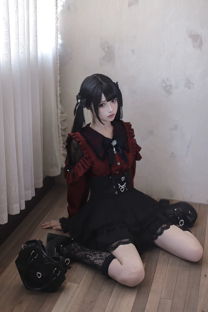 Jirai Kei Long Sleeve Blouse, Lace Overlay and Heart Buttons 44589:815145