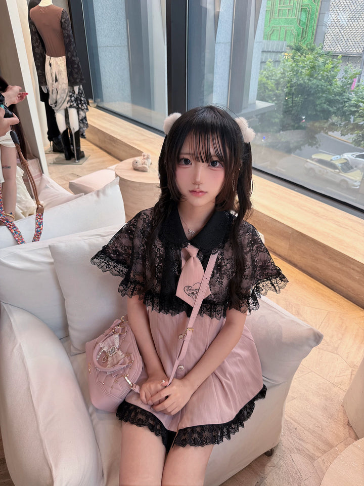 Pink Ryousangata Striped Dress, Lace Neckline and Hem 45453:854883