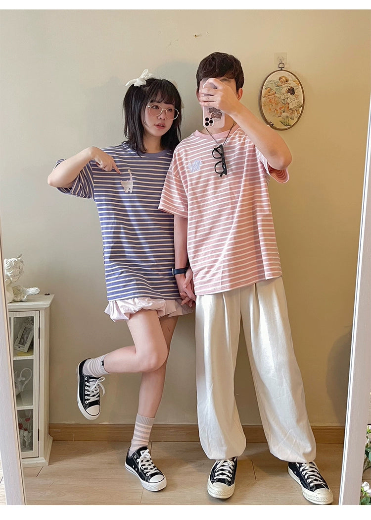 Kawaii Aesthetic Shirt Striped Short Sleeve Cotton Top 36562:518482