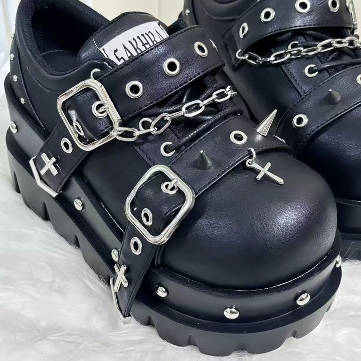 Gothic Black High Platform Shoes, Studs & Crosses 45285:845237