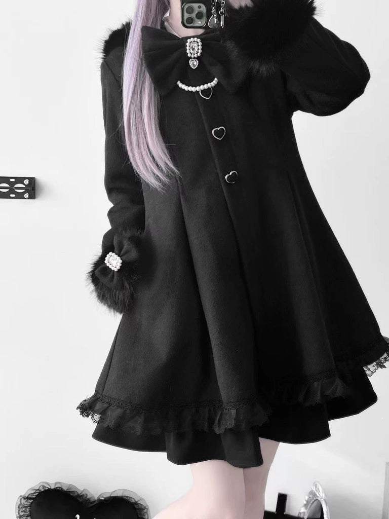 Wool-Blend Jirai Kei Coat, Bunny Ear Hood and Bows 44013:793029