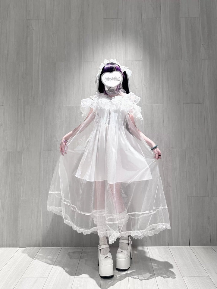Jirai Kei Open Shoulder Dress, Detachable Tulle Overlay 45341:846480