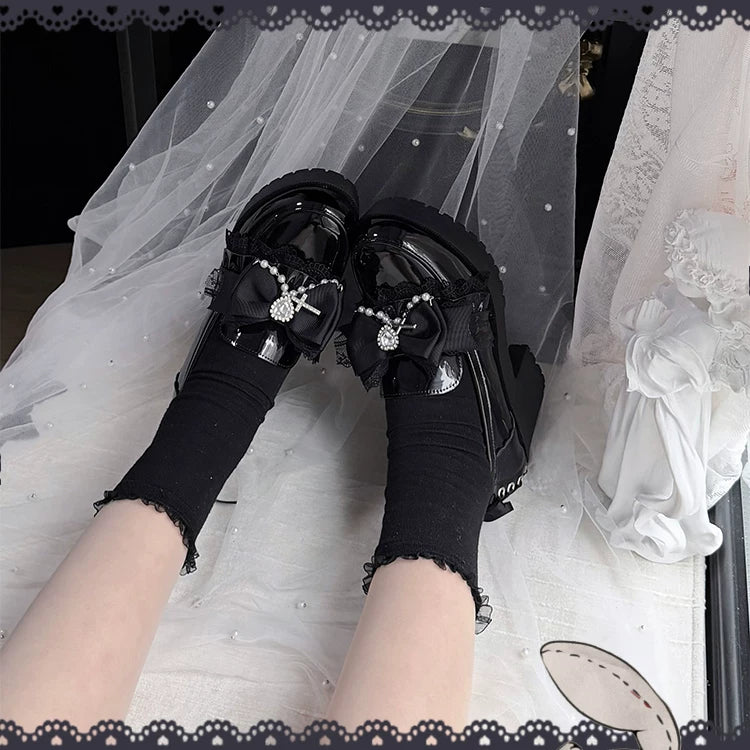 Jirai Kei Heeled Shoes, Pearl Chain and Cross Details 45695:860667