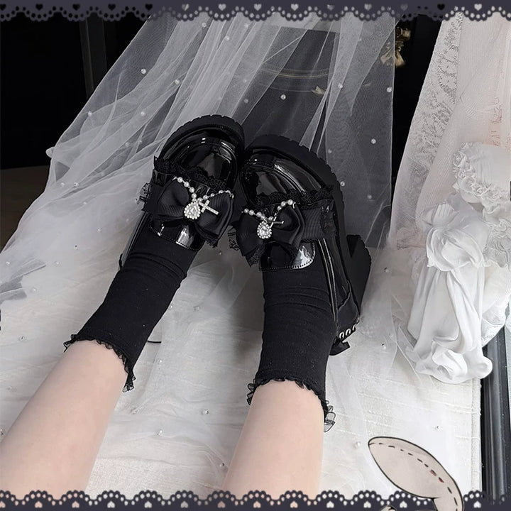 Jirai Kei Heeled Shoes, Pearl Chain and Cross Details 45695:860667
