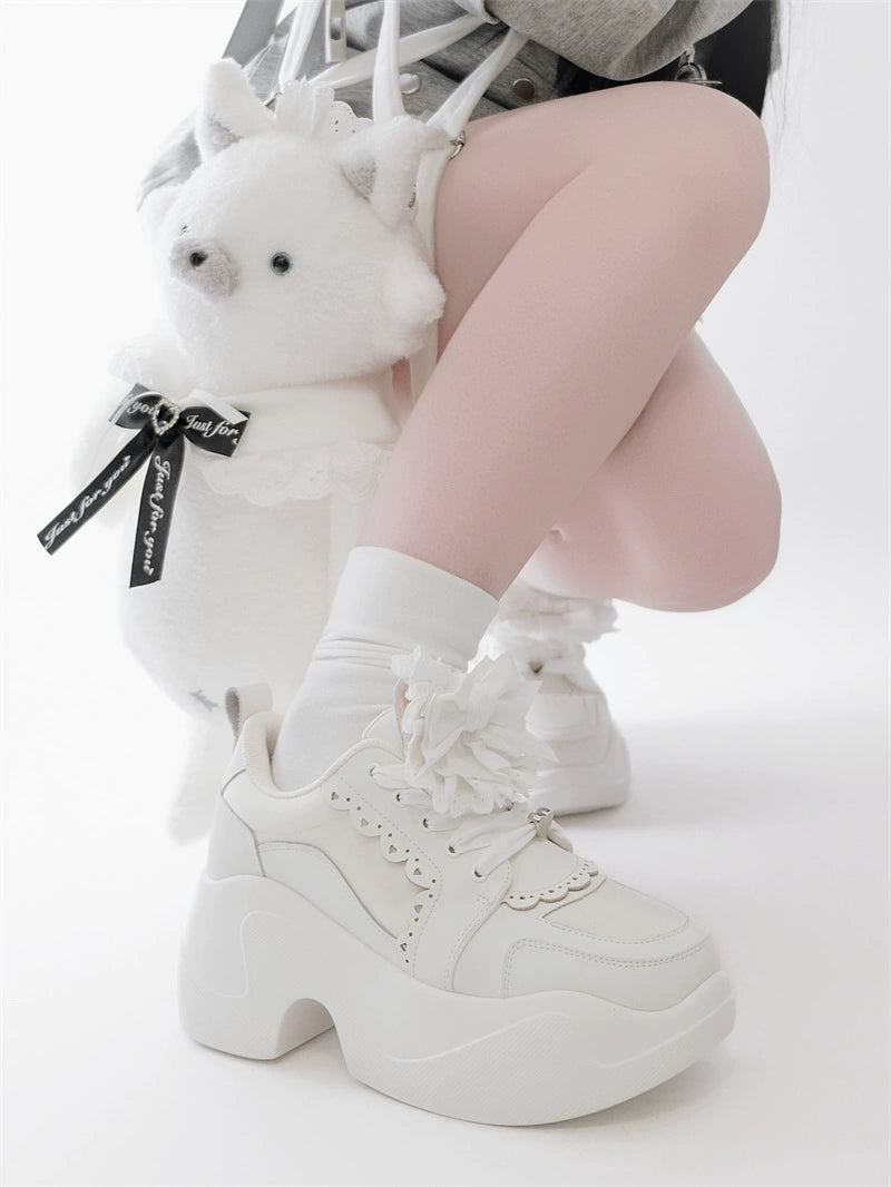 Jirai Kei Sneakers Platform Shoes With Lace Bow and Ruffle Trim 42161:729264