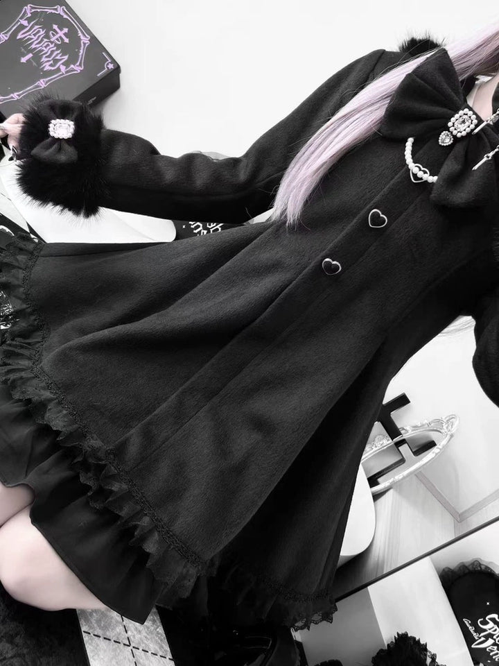 Wool-Blend Jirai Kei Coat, Bunny Ear Hood and Bows 44013:793019