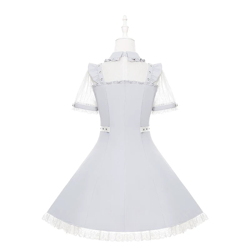 Dusty Blue Ryousangata High Waist Dress, Upper Lace Panel 45574:856206