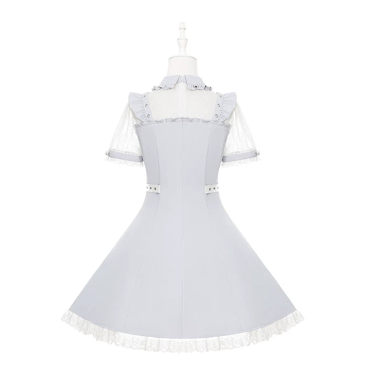 Dusty Blue Ryousangata High Waist Dress, Upper Lace Panel 45574:856206