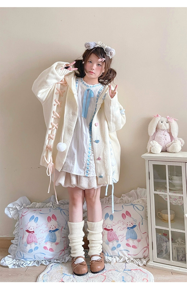 Kawaii White Pink Blue Cardigan Bunny Ears Sweater Coat 22658:345356 22658:345356