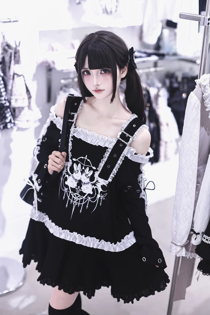 Punk Bunny Print T-shirt Dress, Adjustable Shoulder Straps 45836:865236